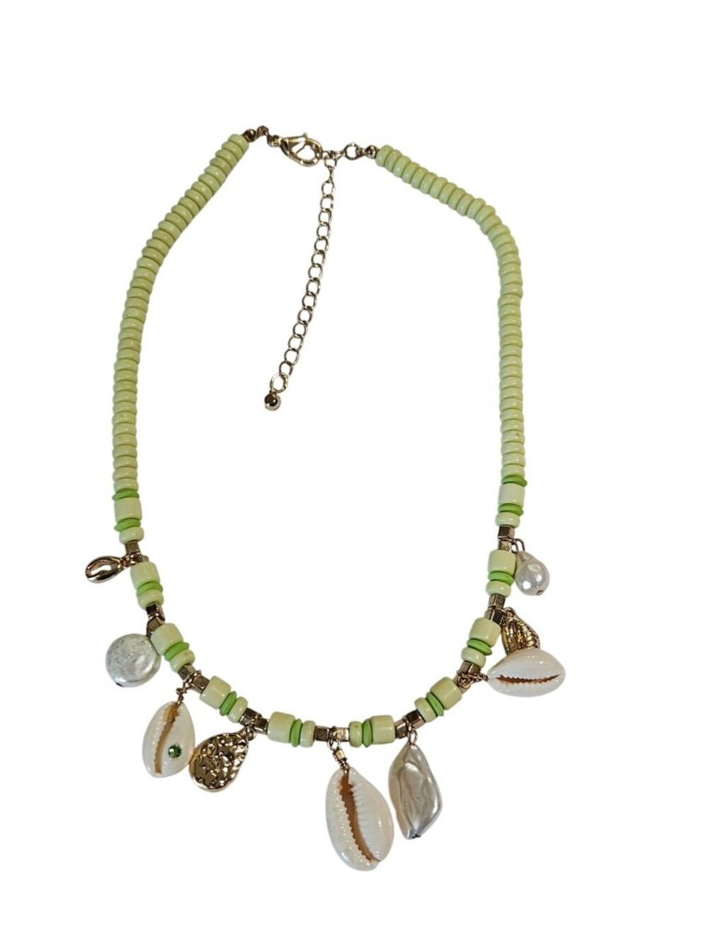Green Beaded Necklace Goldtone White Cowrie Shells Faux Pearls 16 - 19 inches